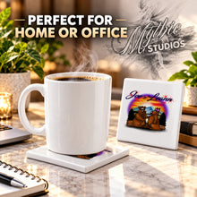 E020 Bears Mountain Sunset ceramic coaster by Mythic Airbrush, original Air-Volution design — product image 4