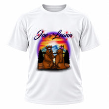Personalized Bears Mountain Sunset T-Shirt, front-view T-shirt mockup featuring custom Air-Volution artwork by Mythic Airbrush