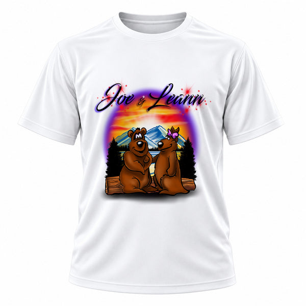 Personalized Bears Mountain Sunset T-Shirt, front-view T-shirt mockup featuring custom Air-Volution artwork by Mythic Airbrush