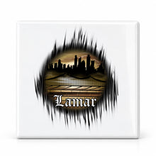 E021 Urban Graffiti Old English Cityscape ceramic coaster by Mythic Airbrush, original Air-Volution design — main image