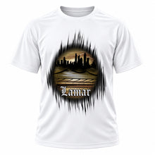 Personalized Urban Graffiti Old English Cityscape T-Shirt, front-view T-shirt mockup featuring custom Air-Volution artwork by Mythic Airbrush