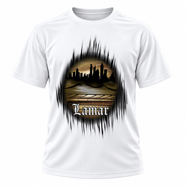 Personalized Urban Graffiti Old English Cityscape T-Shirt, front-view T-shirt mockup featuring custom Air-Volution artwork by Mythic Airbrush