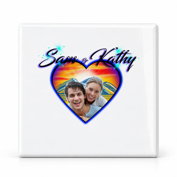 E022 Photo Heart sunset Scene ceramic coaster by Mythic Airbrush, original Air-Volution design — main image