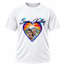 Personalized Photo Heart sunset Scene T-Shirt, front-view T-shirt mockup featuring custom Air-Volution artwork by Mythic Airbrush