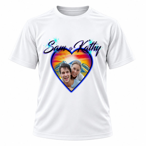 Personalized Photo Heart sunset Scene T-Shirt, front-view T-shirt mockup featuring custom Air-Volution artwork by Mythic Airbrush