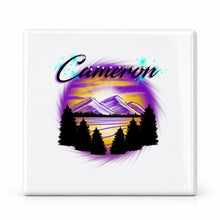 E023 Mountains sunset Trees Scene ceramic coaster by Mythic Airbrush, original Air-Volution design — main image