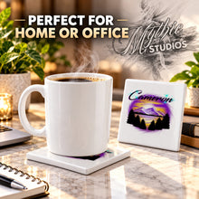 E023 Mountains sunset Trees Scene ceramic coaster by Mythic Airbrush, original Air-Volution design — product image 4