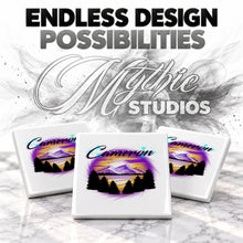 E023 Mountains sunset Trees Scene ceramic coaster by Mythic Airbrush, original Air-Volution design — product image 6