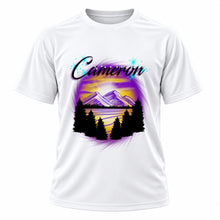 Personalized Mountains sunset Trees Scene T-Shirt, front-view T-shirt mockup featuring custom Air-Volution artwork by Mythic Airbrush