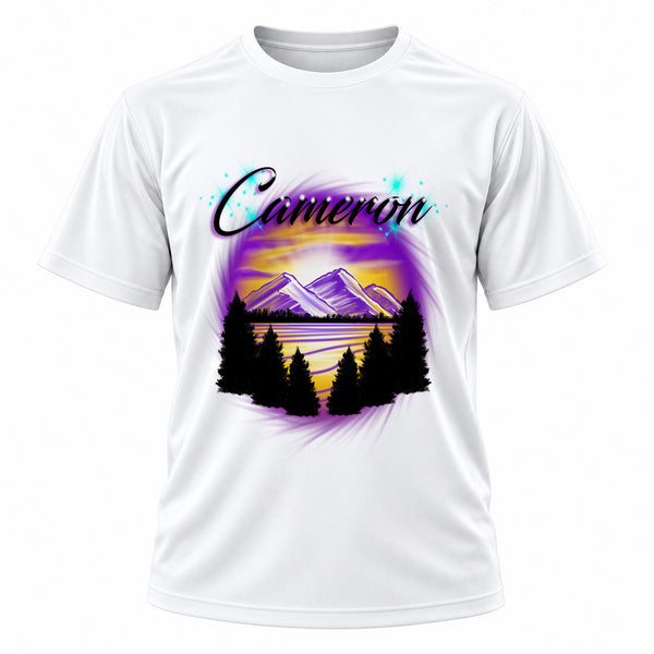 Personalized Mountains sunset Trees Scene T-Shirt, front-view T-shirt mockup featuring custom Air-Volution artwork by Mythic Airbrush