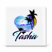 E024 Dolphins rainbow beach sunset palm Trees Scene ceramic coaster by Mythic Airbrush, original Air-Volution design — main image