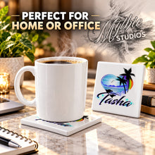 E024 Dolphins rainbow beach sunset palm Trees Scene ceramic coaster by Mythic Airbrush, original Air-Volution design — product image 4