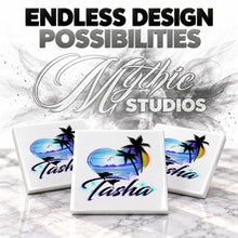 E024 Dolphins rainbow beach sunset palm Trees Scene ceramic coaster by Mythic Airbrush, original Air-Volution design — product image 6
