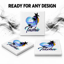 E024 Dolphins rainbow beach sunset palm Trees Scene ceramic coaster by Mythic Airbrush, original Air-Volution design — product image 7