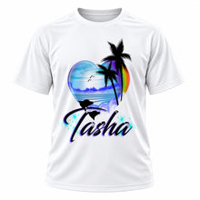 Personalized Dolphins rainbow beach sunset palm Trees Scene T-Shirt, front-view T-shirt mockup featuring custom Air-Volution artwork by Mythic Airbrush
