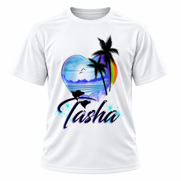 Personalized Dolphins rainbow beach sunset palm Trees Scene T-Shirt, front-view T-shirt mockup featuring custom Air-Volution artwork by Mythic Airbrush