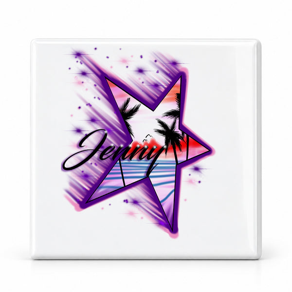 E025 Beach sunset palm Trees Scene ceramic coaster by Mythic Airbrush, original Air-Volution design — main image