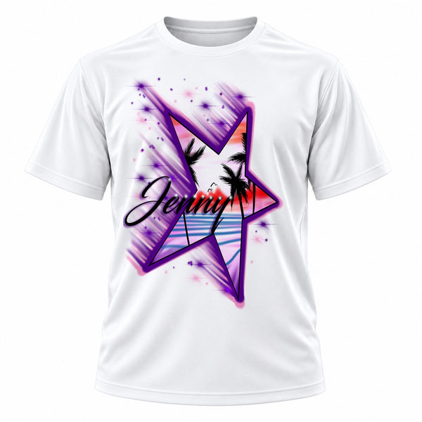 Personalized Beach sunset palm Trees Scene T-Shirt, front-view T-shirt mockup featuring custom Air-Volution artwork by Mythic Airbrush