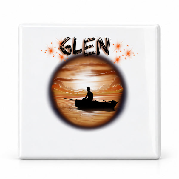 E026 Fishing Fishermen Lake sunset Scene ceramic coaster by Mythic Airbrush, original Air-Volution design — main image