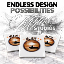 E026 Fishing Fishermen Lake sunset Scene ceramic coaster by Mythic Airbrush, original Air-Volution design — product image 6