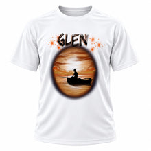 Personalized Fishing Fishermen Lake sunset Scene T-Shirt, front-view T-shirt mockup featuring custom Air-Volution artwork by Mythic Airbrush