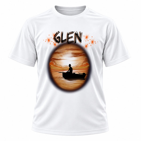 Personalized Fishing Fishermen Lake sunset Scene T-Shirt, front-view T-shirt mockup featuring custom Air-Volution artwork by Mythic Airbrush