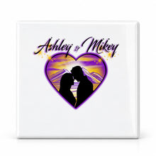 E027 Lovers Mountain sunset Scene ceramic coaster by Mythic Airbrush, original Air-Volution design — main image