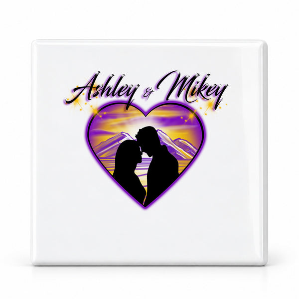 E027 Lovers Mountain sunset Scene ceramic coaster by Mythic Airbrush, original Air-Volution design — main image