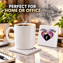 E027 Lovers Mountain sunset Scene ceramic coaster by Mythic Airbrush, original Air-Volution design — product image 4