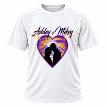 Personalized Lovers Mountain sunset Scene T-Shirt, front-view T-shirt mockup featuring custom Air-Volution artwork by Mythic Airbrush