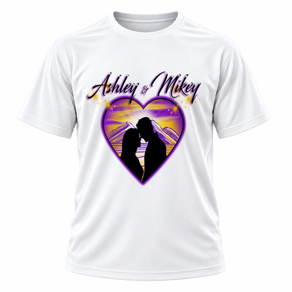 Personalized Lovers Mountain sunset Scene T-Shirt, front-view T-shirt mockup featuring custom Air-Volution artwork by Mythic Airbrush