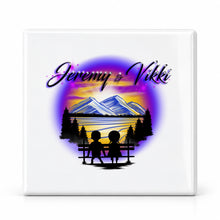 E028 Boy Girl Mountains sunset Trees Scene ceramic coaster by Mythic Airbrush, original Air-Volution design — main image