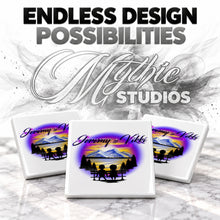 E028 Boy Girl Mountains sunset Trees Scene ceramic coaster by Mythic Airbrush, original Air-Volution design — product image 6