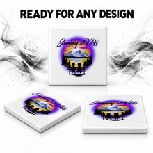E028 Boy Girl Mountains sunset Trees Scene ceramic coaster by Mythic Airbrush, original Air-Volution design — product image 7
