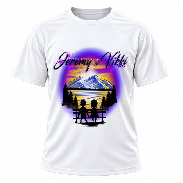 Personalized Boy Girl Mountains sunset Trees Scene T-Shirt, front-view T-shirt mockup featuring custom Air-Volution artwork by Mythic Airbrush