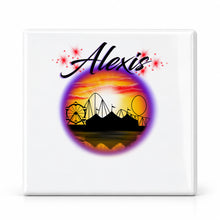 E030 Carnival fair ferris wheel sunset Scene ceramic coaster by Mythic Airbrush, original Air-Volution design — main image