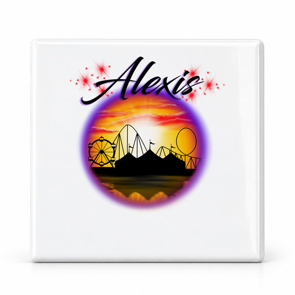 E030 Carnival fair ferris wheel sunset Scene ceramic coaster by Mythic Airbrush, original Air-Volution design — main image