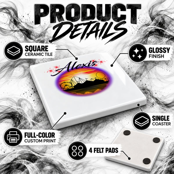 E030 Carnival fair ferris wheel sunset Scene ceramic coaster by Mythic Airbrush, original Air-Volution design — product image 3