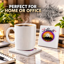 E030 Carnival fair ferris wheel sunset Scene ceramic coaster by Mythic Airbrush, original Air-Volution design — product image 4