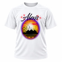 Personalized Carnival fair ferris wheel sunset Scene T-Shirt, front-view T-shirt mockup featuring custom Air-Volution artwork by Mythic Airbrush