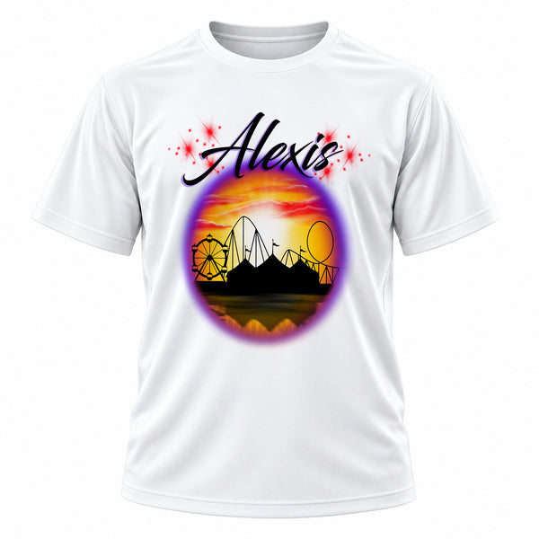 Personalized Carnival fair ferris wheel sunset Scene T-Shirt, front-view T-shirt mockup featuring custom Air-Volution artwork by Mythic Airbrush