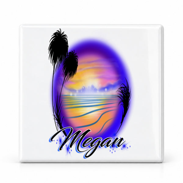 E032 Beach ceramic coaster by Mythic Airbrush, original Air-Volution design — main image