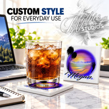 E032 Beach ceramic coaster by Mythic Airbrush, original Air-Volution design — product image 2