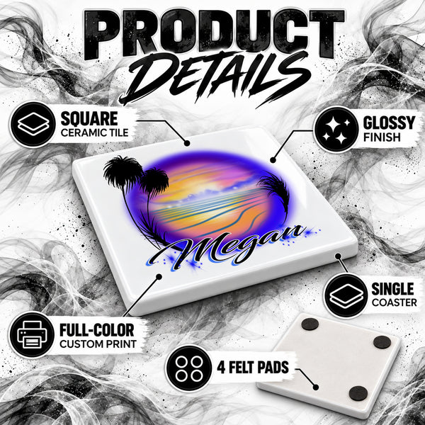 E032 Beach ceramic coaster by Mythic Airbrush, original Air-Volution design — product image 3