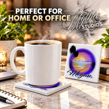 E032 Beach ceramic coaster by Mythic Airbrush, original Air-Volution design — product image 4