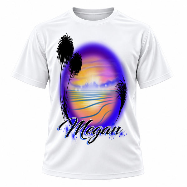 Personalized Beach T-Shirt, front-view T-shirt mockup featuring custom Air-Volution artwork by Mythic Airbrush