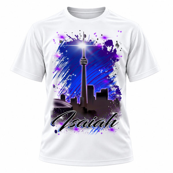 Personalized City Scene T-Shirt, front-view T-shirt mockup featuring custom Air-Volution artwork by Mythic Airbrush