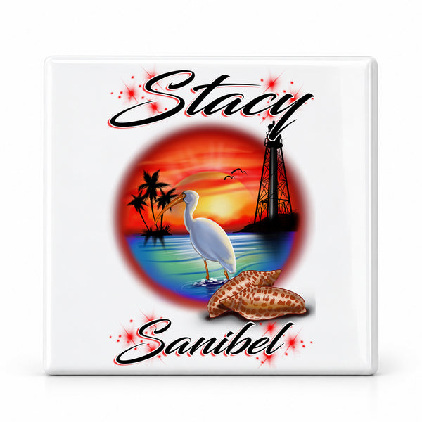 E034 Lighthouse and Bird ceramic coaster by Mythic Airbrush, original Air-Volution design — main image
