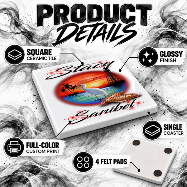 E034 Lighthouse and Bird ceramic coaster by Mythic Airbrush, original Air-Volution design — product image 3