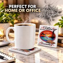 E034 Lighthouse and Bird ceramic coaster by Mythic Airbrush, original Air-Volution design — product image 4